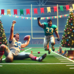 alt_text: Dak and Turpin celebrating on the field, surrounded by festive Christmas decorations.