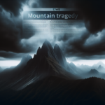 alt_text: A dramatic mountain scene with ominous clouds and a somber news headline about a tragedy.