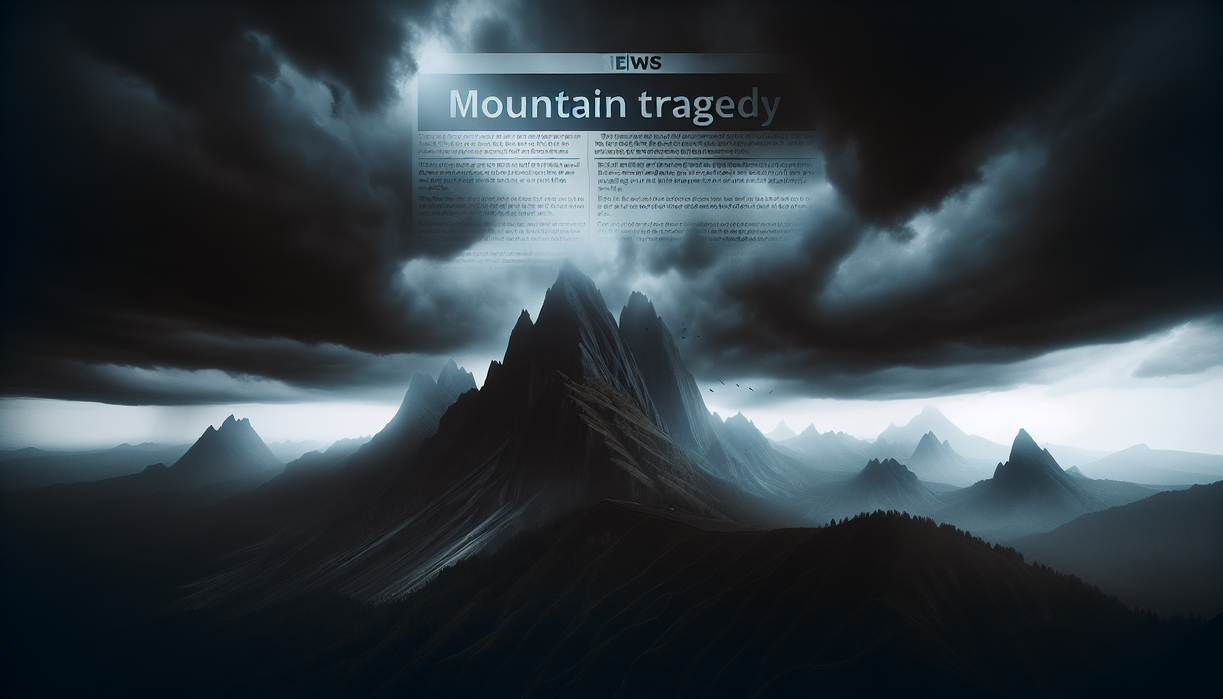 alt_text: A dramatic mountain scene with ominous clouds and a somber news headline about a tragedy.