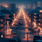 alt_text: Festive lights illuminate a war-torn city, symbolizing resilience and hope during Christmas.