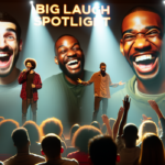 alt_text: Comedians perform on stage under bright lights at the Big Laugh Spotlight event.