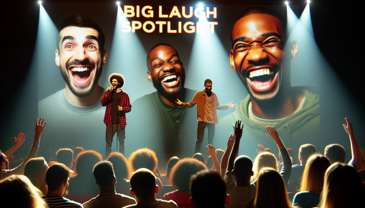 alt_text: Comedians perform on stage under bright lights at the Big Laugh Spotlight event.