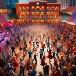 "alt_text": "Sundance Square: vibrant street scene with people, shops, and art installations."