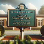 alt_text: Hall-Kent Elementary School sign with students and teachers celebrating its historical roots.