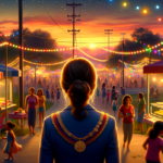 alt_text: Retro-themed beach party with neon lights and classic cars under a vibrant sunset sky.