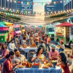 alt_text: A bustling scene with food trucks and people enjoying meals, highlighting a vibrant Tuesday event.