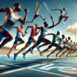 alt_text: Two athletes in yellow jackets pole vaulting, reaching impressive heights under a blue sky.