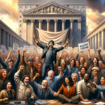 alt_text: People celebrating with signs and balloons in a lively room after a union achievement.